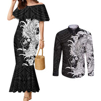 Hawaiian And Japanese Culture Couples Matching Mermaid Dress and Long Sleeve Button Shirt Irezumi Dragon With Polynesian Pattern Black LT05 Black - Polynesian Pride