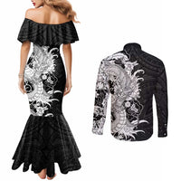 Hawaiian And Japanese Culture Couples Matching Mermaid Dress and Long Sleeve Button Shirt Irezumi Dragon With Polynesian Pattern Black LT05 - Polynesian Pride
