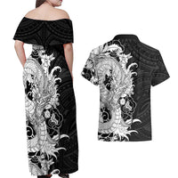 Hawaiian And Japanese Culture Couples Matching Off Shoulder Maxi Dress and Hawaiian Shirt Irezumi Dragon With Polynesian Pattern Black LT05 - Polynesian Pride