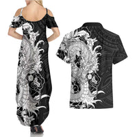Hawaiian And Japanese Culture Couples Matching Summer Maxi Dress and Hawaiian Shirt Irezumi Dragon With Polynesian Pattern Black LT05 - Polynesian Pride
