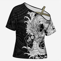 Hawaiian And Japanese Culture Cross Shoulder Shirt Irezumi Dragon With Polynesian Pattern Black - Polynesian Pride