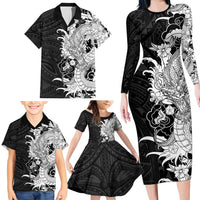 Hawaiian And Japanese Culture Family Matching Long Sleeve Bodycon Dress and Hawaiian Shirt Irezumi Dragon With Polynesian Pattern Black LT05 - Polynesian Pride