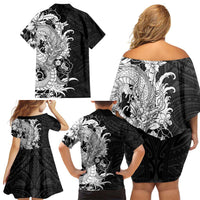 Hawaiian And Japanese Culture Family Matching Off Shoulder Short Dress and Hawaiian Shirt Irezumi Dragon With Polynesian Pattern Black LT05 - Polynesian Pride