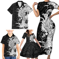 Hawaiian And Japanese Culture Family Matching Short Sleeve Bodycon Dress and Hawaiian Shirt Irezumi Dragon With Polynesian Pattern Black LT05 - Polynesian Pride