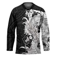 Hawaiian And Japanese Culture Hockey Jersey Irezumi Dragon With Polynesian Pattern Black - Polynesian Pride