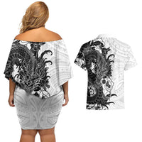 Hawaiian And Japanese Culture Couples Matching Off Shoulder Short Dress and Hawaiian Shirt Irezumi Dragon With Polynesian Pattern White LT05 - Polynesian Pride