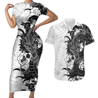 Hawaiian And Japanese Culture Couples Matching Short Sleeve Bodycon Dress and Hawaiian Shirt Irezumi Dragon With Polynesian Pattern White LT05 White - Polynesian Pride