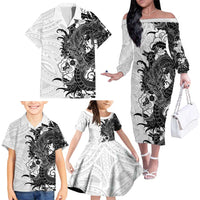 Hawaiian And Japanese Culture Family Matching Off The Shoulder Long Sleeve Dress and Hawaiian Shirt Irezumi Dragon With Polynesian Pattern White LT05 - Polynesian Pride