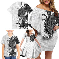 Hawaiian And Japanese Culture Family Matching Off Shoulder Short Dress and Hawaiian Shirt Irezumi Dragon With Polynesian Pattern White LT05 - Polynesian Pride