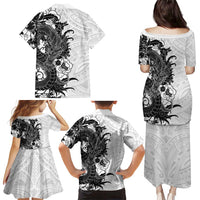 Hawaiian And Japanese Culture Family Matching Puletasi and Hawaiian Shirt Irezumi Dragon With Polynesian Pattern White LT05 - Polynesian Pride