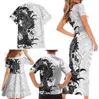Hawaiian And Japanese Culture Family Matching Short Sleeve Bodycon Dress and Hawaiian Shirt Irezumi Dragon With Polynesian Pattern White LT05 - Polynesian Pride
