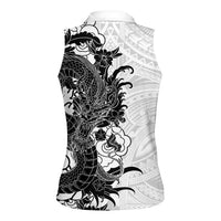 Hawaiian And Japanese Culture Women Sleeveless Polo Shirt Irezumi Dragon With Polynesian Pattern White LT05 - Polynesian Pride
