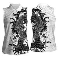 Hawaiian And Japanese Culture Women Sleeveless Polo Shirt Irezumi Dragon With Polynesian Pattern White LT05 - Polynesian Pride