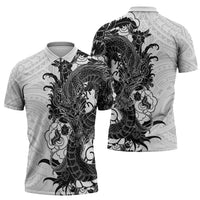 Hawaiian And Japanese Culture Zipper Polo Shirt Irezumi Dragon With Polynesian Pattern White - Polynesian Pride