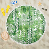 Green Hawaii Tapa Pattern Beach Blanket With Heliconia Vintage Style