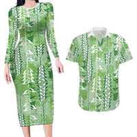 Green Hawaii Tapa Pattern Couples Matching Long Sleeve Bodycon Dress and Hawaiian Shirt With Heliconia Vintage Style LT05 Green - Polynesian Pride