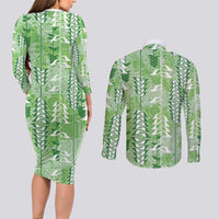 Green Hawaii Tapa Pattern Couples Matching Long Sleeve Bodycon Dress and Long Sleeve Button Shirt With Heliconia Vintage Style LT05 - Polynesian Pride