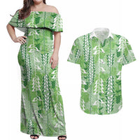 Green Hawaii Tapa Pattern Couples Matching Off Shoulder Maxi Dress and Hawaiian Shirt With Heliconia Vintage Style LT05 Green - Polynesian Pride