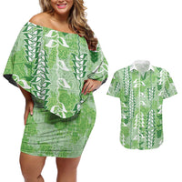 Green Hawaii Tapa Pattern Couples Matching Off Shoulder Short Dress and Hawaiian Shirt With Heliconia Vintage Style LT05 Green - Polynesian Pride