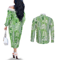 Green Hawaii Tapa Pattern Couples Matching Off The Shoulder Long Sleeve Dress and Long Sleeve Button Shirt With Heliconia Vintage Style LT05 - Polynesian Pride