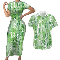 Green Hawaii Tapa Pattern Couples Matching Short Sleeve Bodycon Dress and Hawaiian Shirt With Heliconia Vintage Style LT05 Green - Polynesian Pride