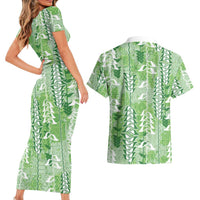 Green Hawaii Tapa Pattern Couples Matching Short Sleeve Bodycon Dress and Hawaiian Shirt With Heliconia Vintage Style LT05 - Polynesian Pride