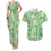 Green Hawaii Tapa Pattern Couples Matching Tank Maxi Dress and Hawaiian Shirt With Heliconia Vintage Style LT05 Green - Polynesian Pride