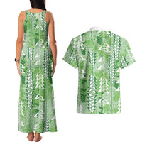 Green Hawaii Tapa Pattern Couples Matching Tank Maxi Dress and Hawaiian Shirt With Heliconia Vintage Style LT05 - Polynesian Pride
