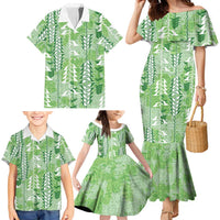 Green Hawaii Tapa Pattern Family Matching Mermaid Dress and Hawaiian Shirt With Heliconia Vintage Style LT05 - Polynesian Pride