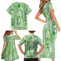 Green Hawaii Tapa Pattern Family Matching Short Sleeve Bodycon Dress and Hawaiian Shirt With Heliconia Vintage Style LT05 - Polynesian Pride