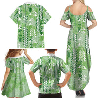 Green Hawaii Tapa Pattern Family Matching Summer Maxi Dress and Hawaiian Shirt With Heliconia Vintage Style LT05 - Polynesian Pride