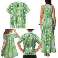 Green Hawaii Tapa Pattern Family Matching Tank Maxi Dress and Hawaiian Shirt With Heliconia Vintage Style LT05 - Polynesian Pride