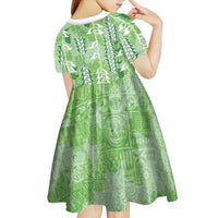 Green Hawaii Tapa Pattern Kid Short Sleeve Dress With Heliconia Vintage Style