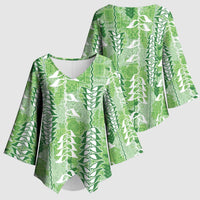 Green Hawaii Tapa Pattern Kimono Sleeve Blouse With Heliconia Vintage Style