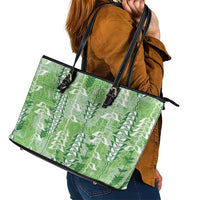Green Hawaii Tapa Pattern Leather Tote Bag With Heliconia Vintage Style