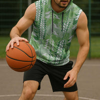 Green Hawaii Tapa Pattern Sleeveless Hoodie With Heliconia Vintage Style