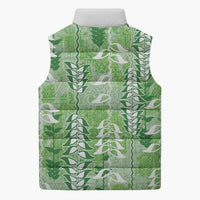 Green Hawaii Tapa Pattern Sleeveless Puffer Jacket With Heliconia Vintage Style
