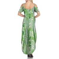 Green Hawaii Tapa Pattern Summer Maxi Dress With Heliconia Vintage Style