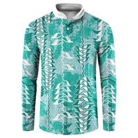Teal Hawaii Tapa Pattern Button Sweatshirt With Heliconia Vintage Style