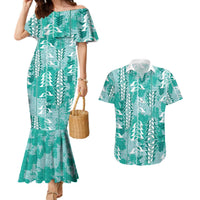 Teal Hawaii Tapa Pattern Couples Matching Mermaid Dress and Hawaiian Shirt With Heliconia Vintage Style LT05 Teal - Polynesian Pride