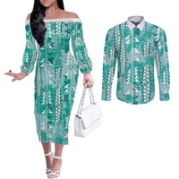 Teal Hawaii Tapa Pattern Couples Matching Off The Shoulder Long Sleeve Dress and Long Sleeve Button Shirt With Heliconia Vintage Style LT05 Teal - Polynesian Pride