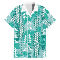 Teal Hawaii Tapa Pattern Family Matching Off The Shoulder Long Sleeve Dress and Hawaiian Shirt With Heliconia Vintage Style LT05 Dad's Shirt - Short Sleeve Teal - Polynesian Pride