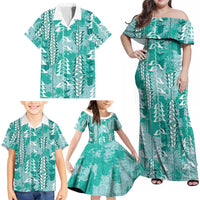 Teal Hawaii Tapa Pattern Family Matching Off Shoulder Maxi Dress and Hawaiian Shirt With Heliconia Vintage Style LT05 - Polynesian Pride