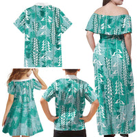 Teal Hawaii Tapa Pattern Family Matching Off Shoulder Maxi Dress and Hawaiian Shirt With Heliconia Vintage Style LT05 - Polynesian Pride