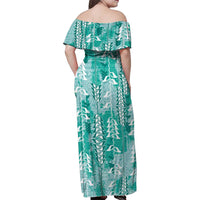 Teal Hawaii Tapa Pattern Family Matching Off Shoulder Maxi Dress and Hawaiian Shirt With Heliconia Vintage Style LT05 - Polynesian Pride