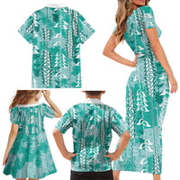Teal Hawaii Tapa Pattern Family Matching Short Sleeve Bodycon Dress and Hawaiian Shirt With Heliconia Vintage Style LT05 - Polynesian Pride
