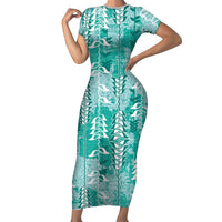 Teal Hawaii Tapa Pattern Family Matching Short Sleeve Bodycon Dress and Hawaiian Shirt With Heliconia Vintage Style LT05 Mom's Dress Teal - Polynesian Pride