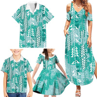 Teal Hawaii Tapa Pattern Family Matching Summer Maxi Dress and Hawaiian Shirt With Heliconia Vintage Style LT05 - Polynesian Pride