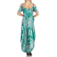 Teal Hawaii Tapa Pattern Family Matching Summer Maxi Dress and Hawaiian Shirt With Heliconia Vintage Style LT05 - Polynesian Pride