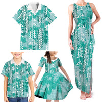 Teal Hawaii Tapa Pattern Family Matching Tank Maxi Dress and Hawaiian Shirt With Heliconia Vintage Style LT05 - Polynesian Pride
